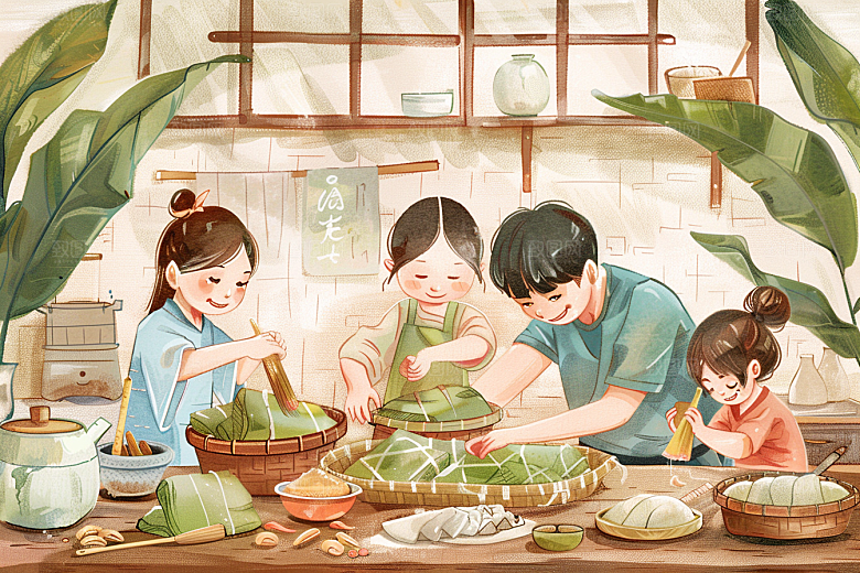 端午包粽子美食手绘插画