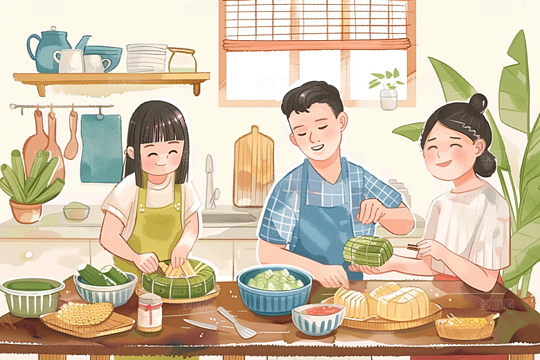 端午包粽子小吃高清插画