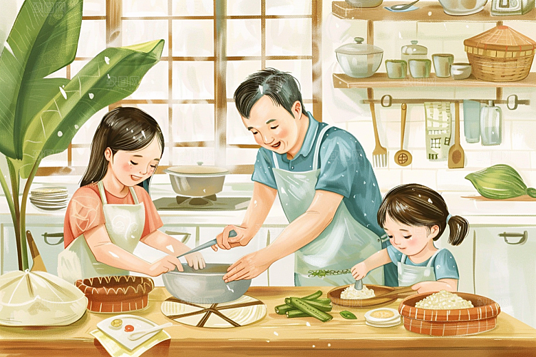 端午包粽子美食阖家团聚插画