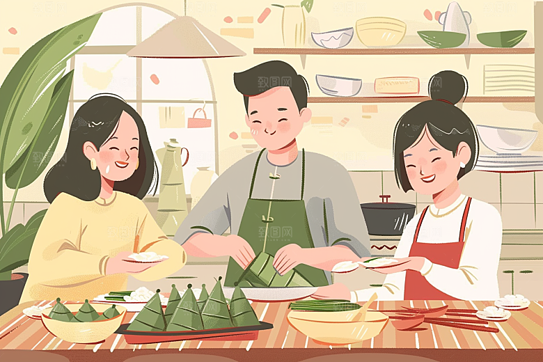端午包粽子小吃传统文化插画