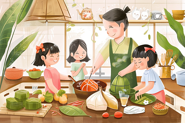 端午包粽子手绘高清插画