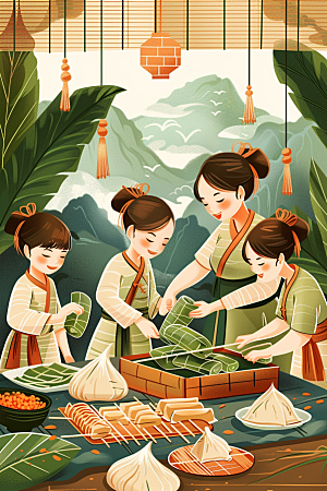 端午包粽子传统文化习俗插画