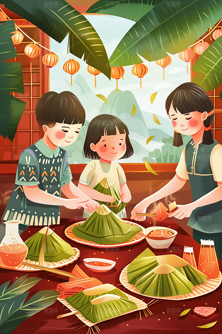 端午包粽子传统文化美味插画
