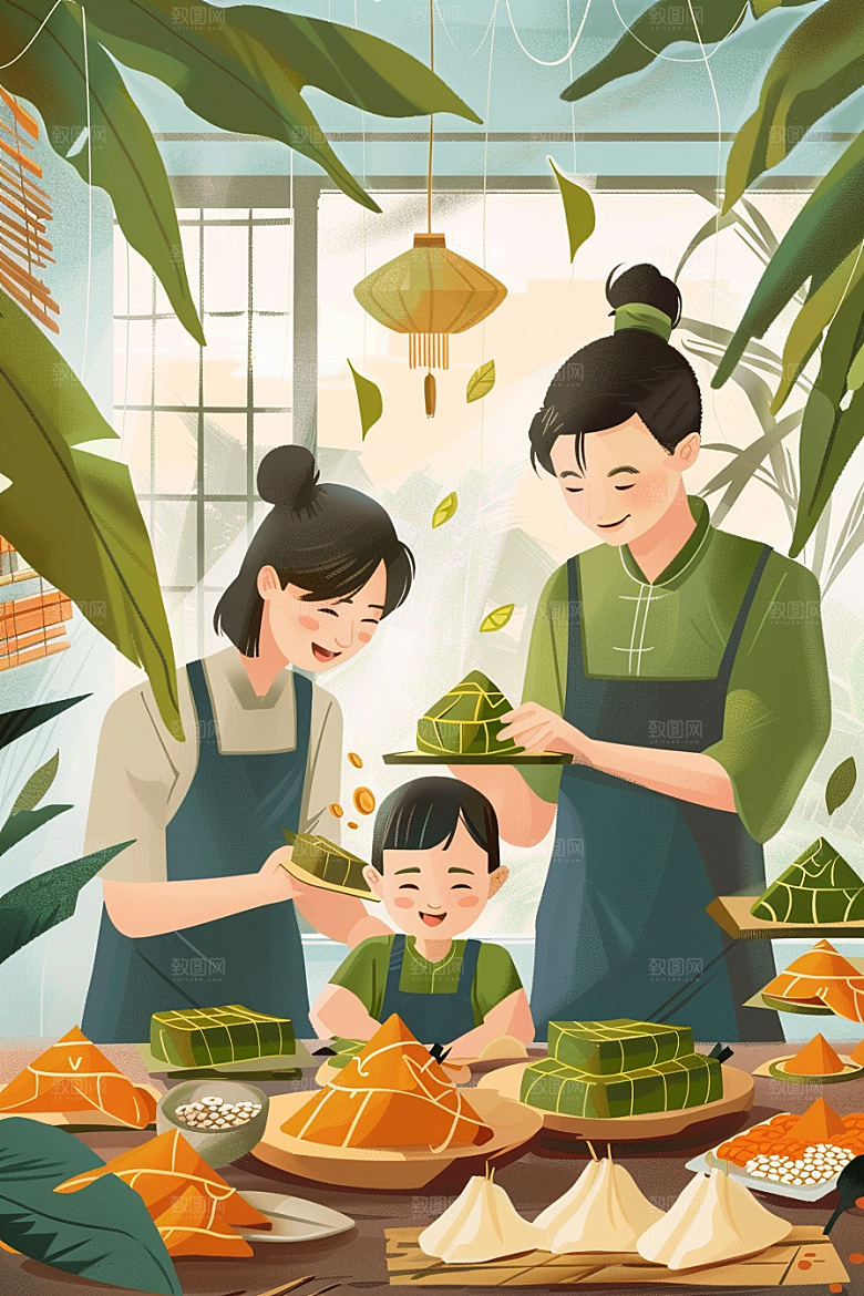 端午包粽子阖家团聚糯米插画