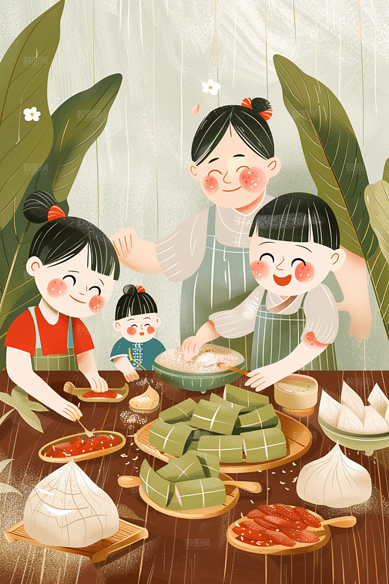 端午包粽子节日氛围糯米插画