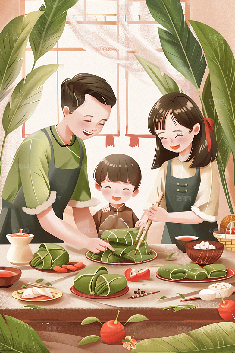 端午包粽子阖家团聚糯米插画