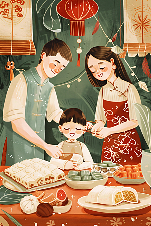 端午包粽子美味节日氛围插画