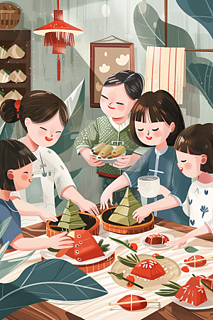 端午包粽子幸福传统文化插画