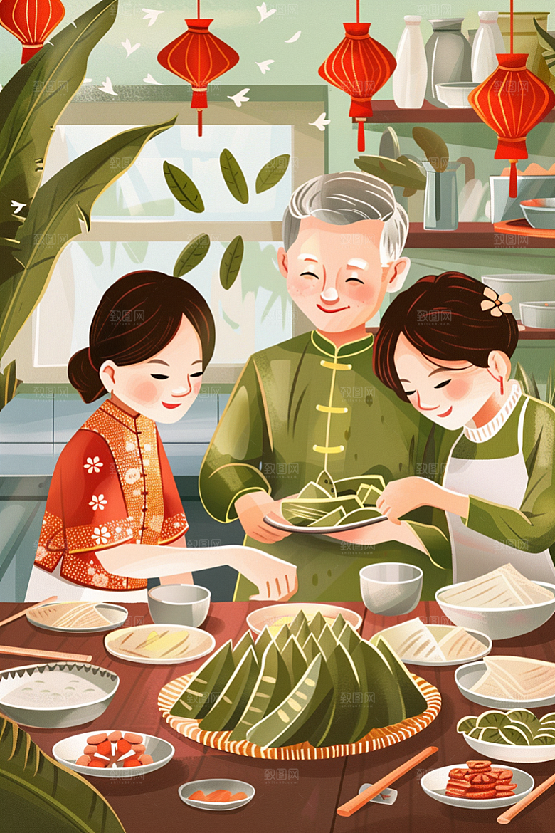 端午包粽子高清温馨插画