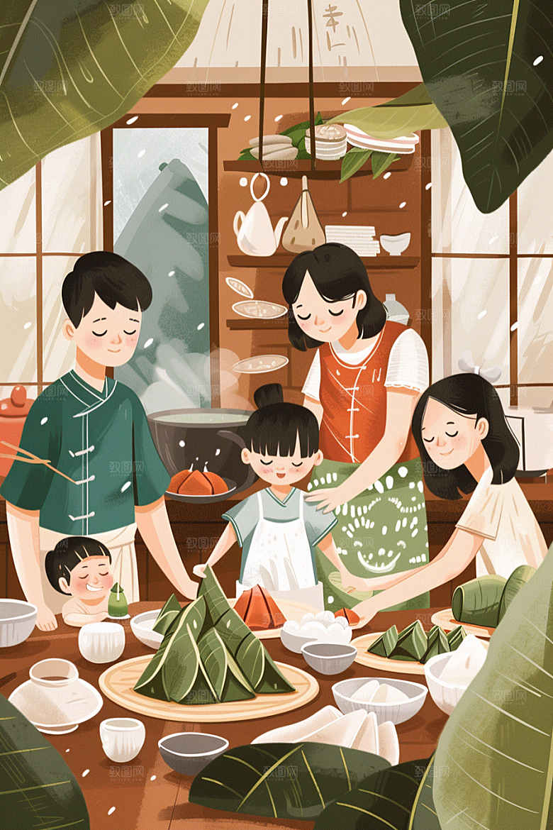端午包粽子端午节小吃插画