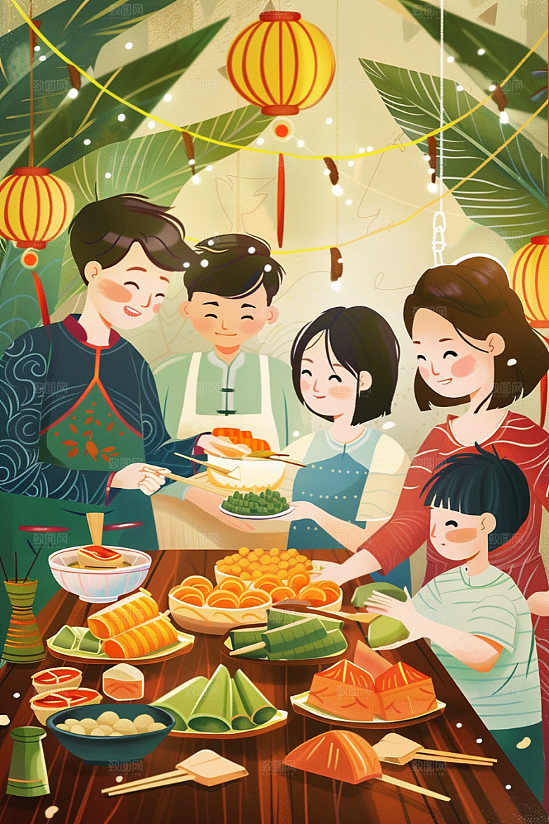 端午包粽子小吃节日插画