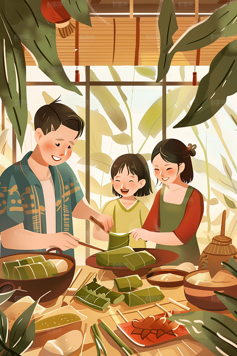 端午包粽子美味节日氛围插画