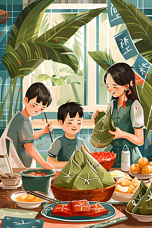 端午包粽子节日温馨插画