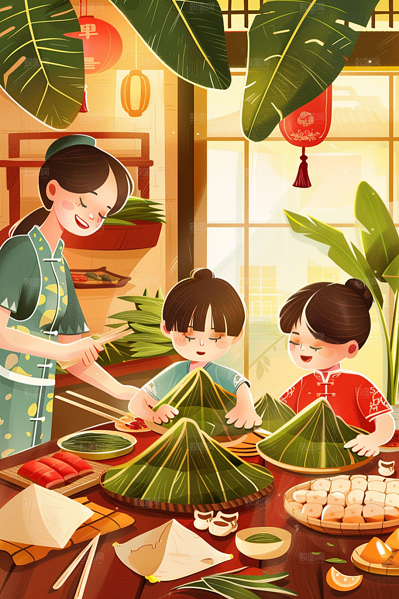 端午包粽子传统文化小吃插画