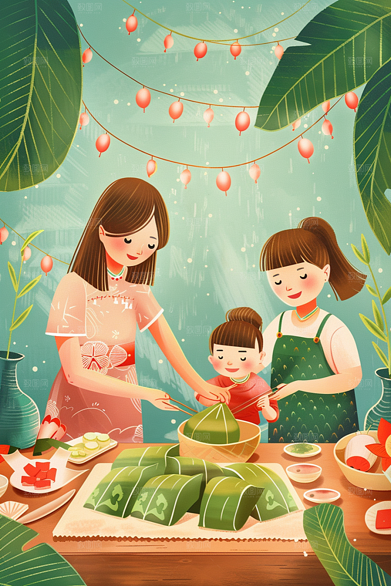 端午包粽子节日氛围节日插画