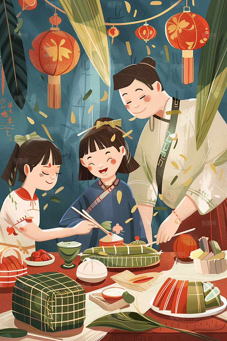 端午包粽子小吃美味插画