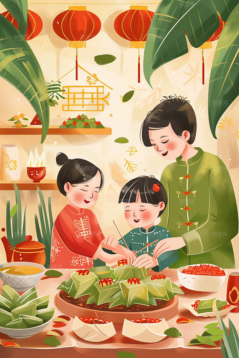 端午包粽子传统文化小吃插画