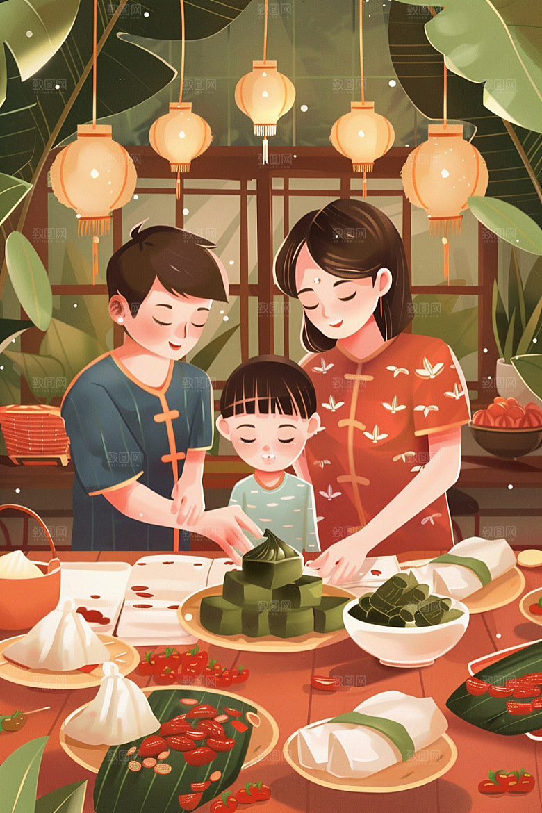 端午包粽子节日氛围习俗插画