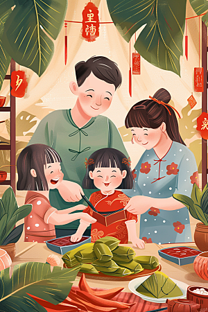 端午包粽子阖家团聚手绘插画