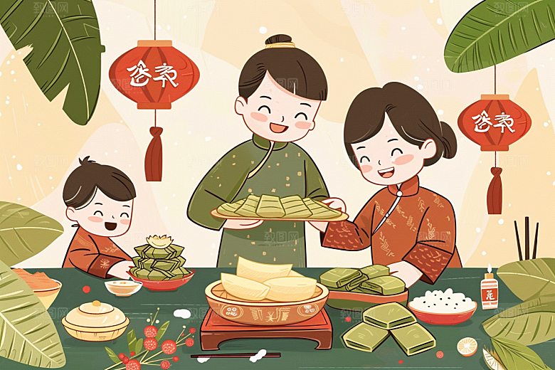 端午包粽子小吃节日氛围插画