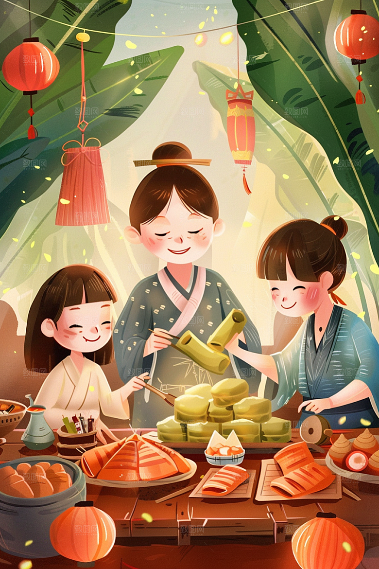端午包粽子高清传统文化插画
