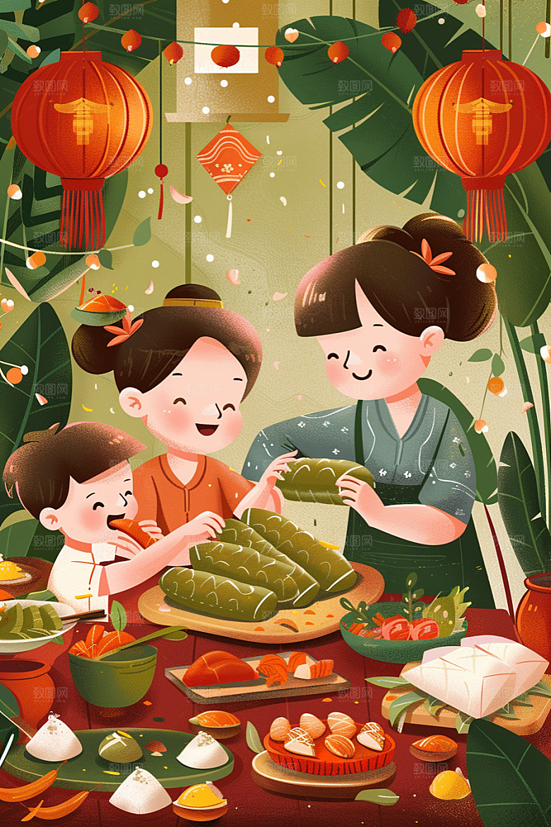 端午包粽子高清幸福插画