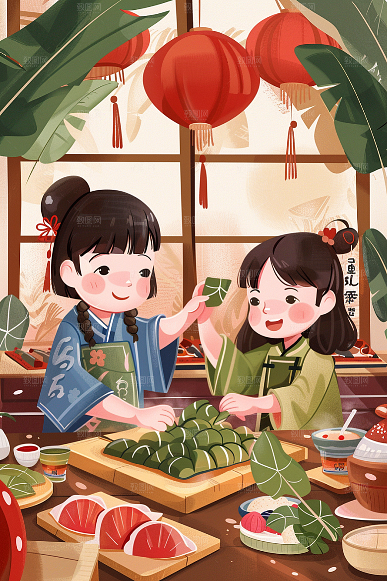 端午包粽子手绘糯米插画