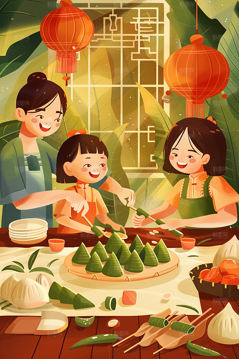 端午包粽子温馨节日插画