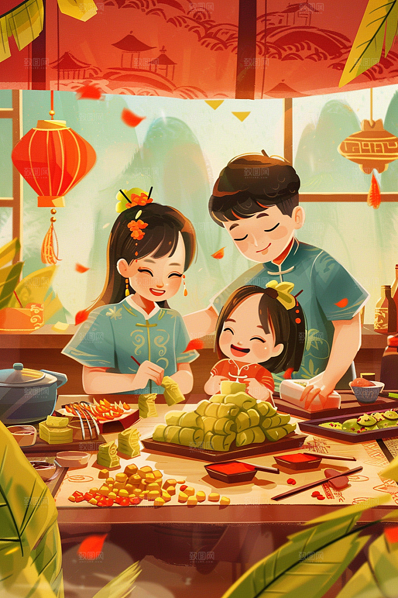 端午包粽子节日温馨插画