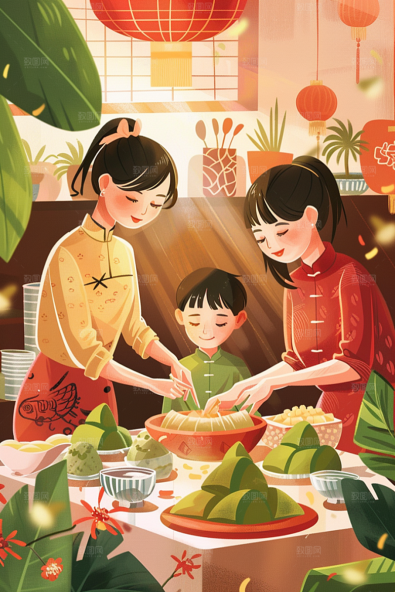 端午包粽子节日高清插画