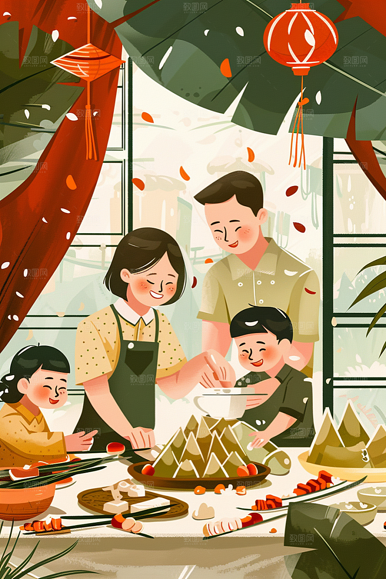 端午包粽子美味温馨插画