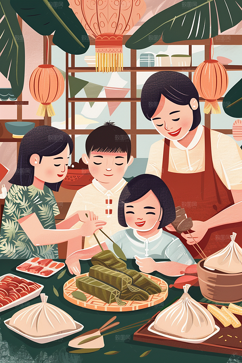 端午包粽子习俗糯米插画