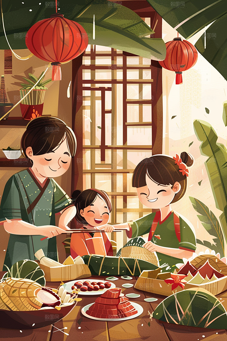 端午包粽子习俗幸福插画