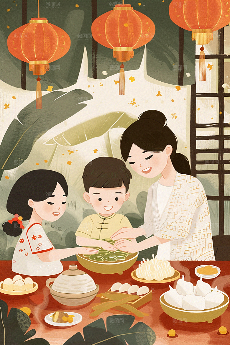 端午包粽子美食小吃插画