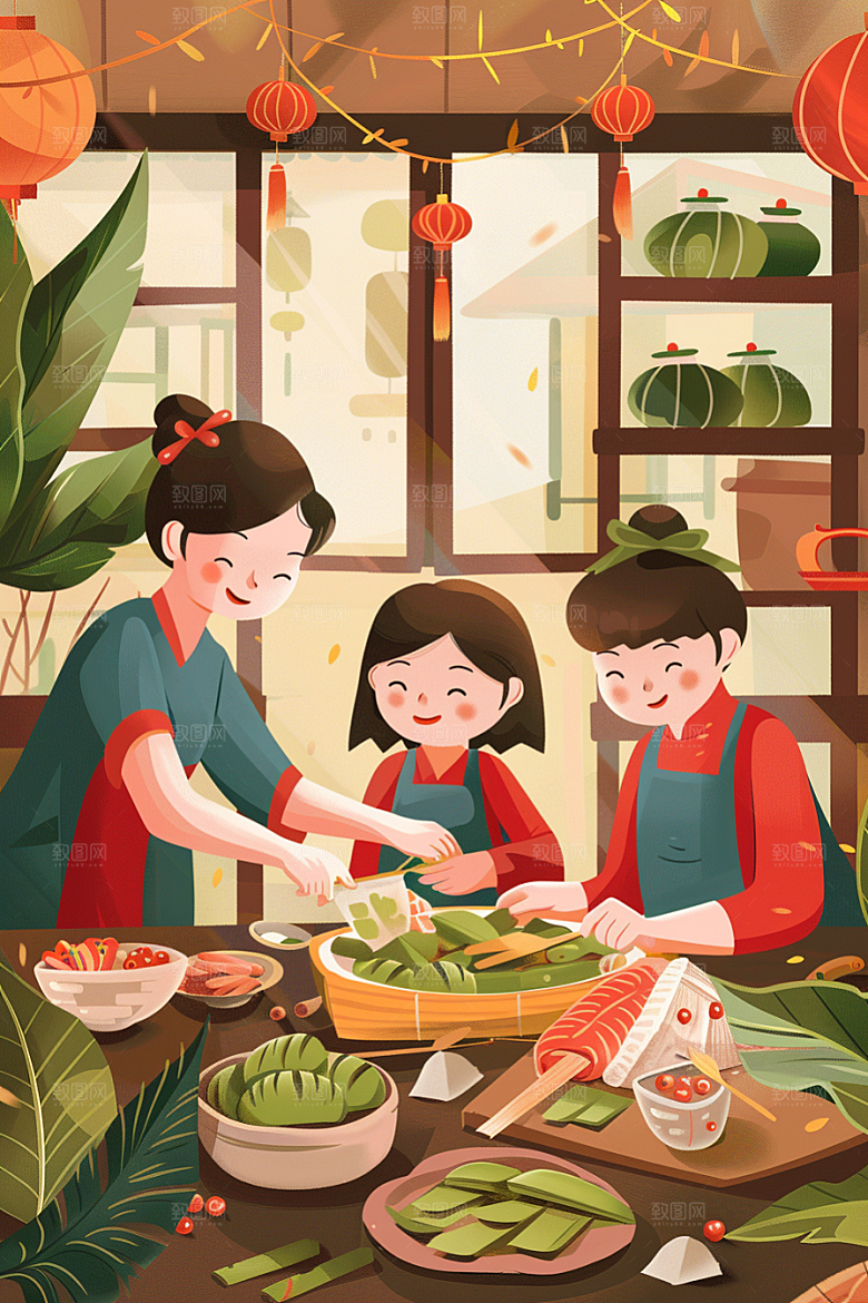 端午包粽子手绘阖家团聚插画