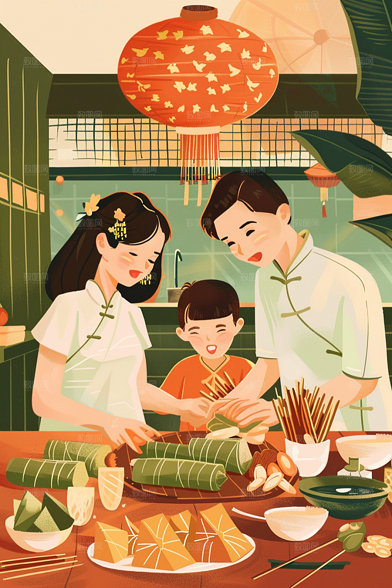 端午包粽子习俗高清插画