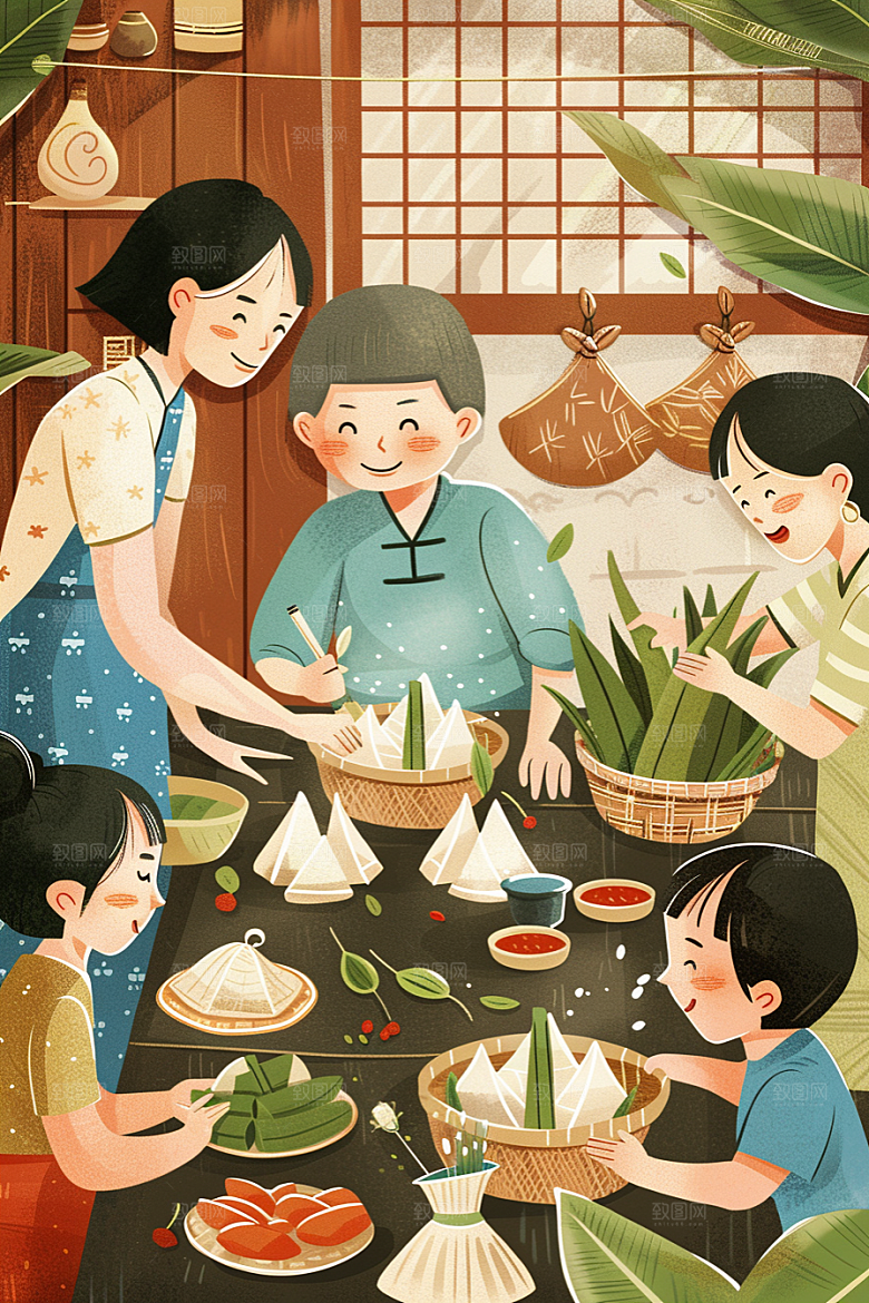 端午包粽子糯米节日插画