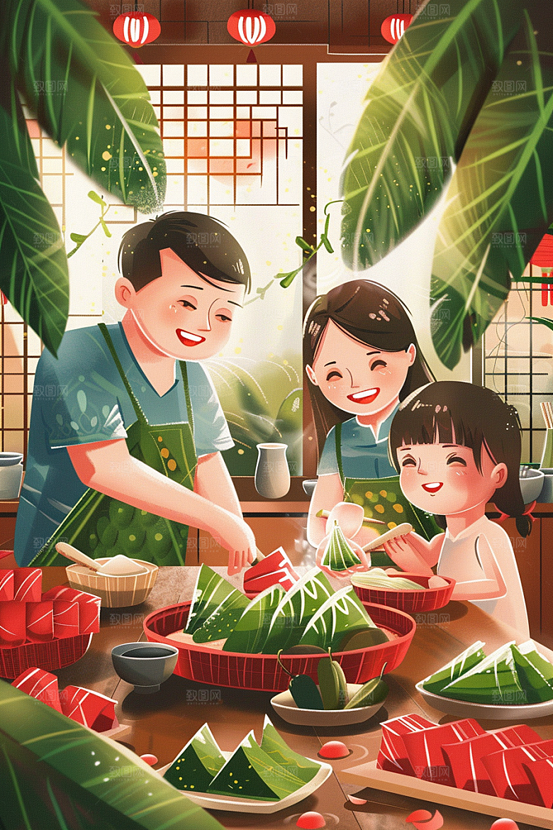 端午包粽子美味节日氛围插画