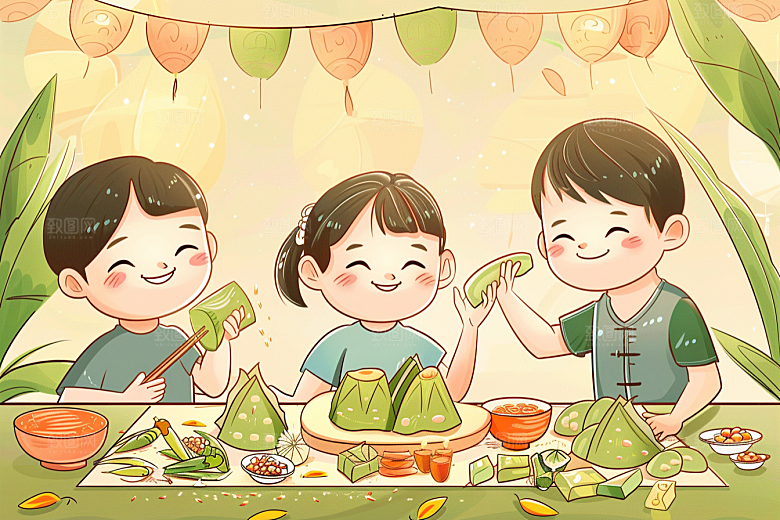 端午包粽子阖家团聚高清插画