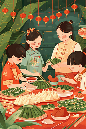 端午包粽子小吃传统文化插画