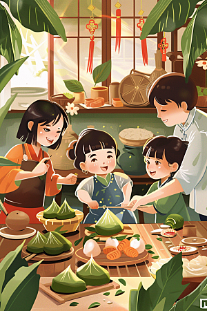 端午包粽子传统文化温馨插画