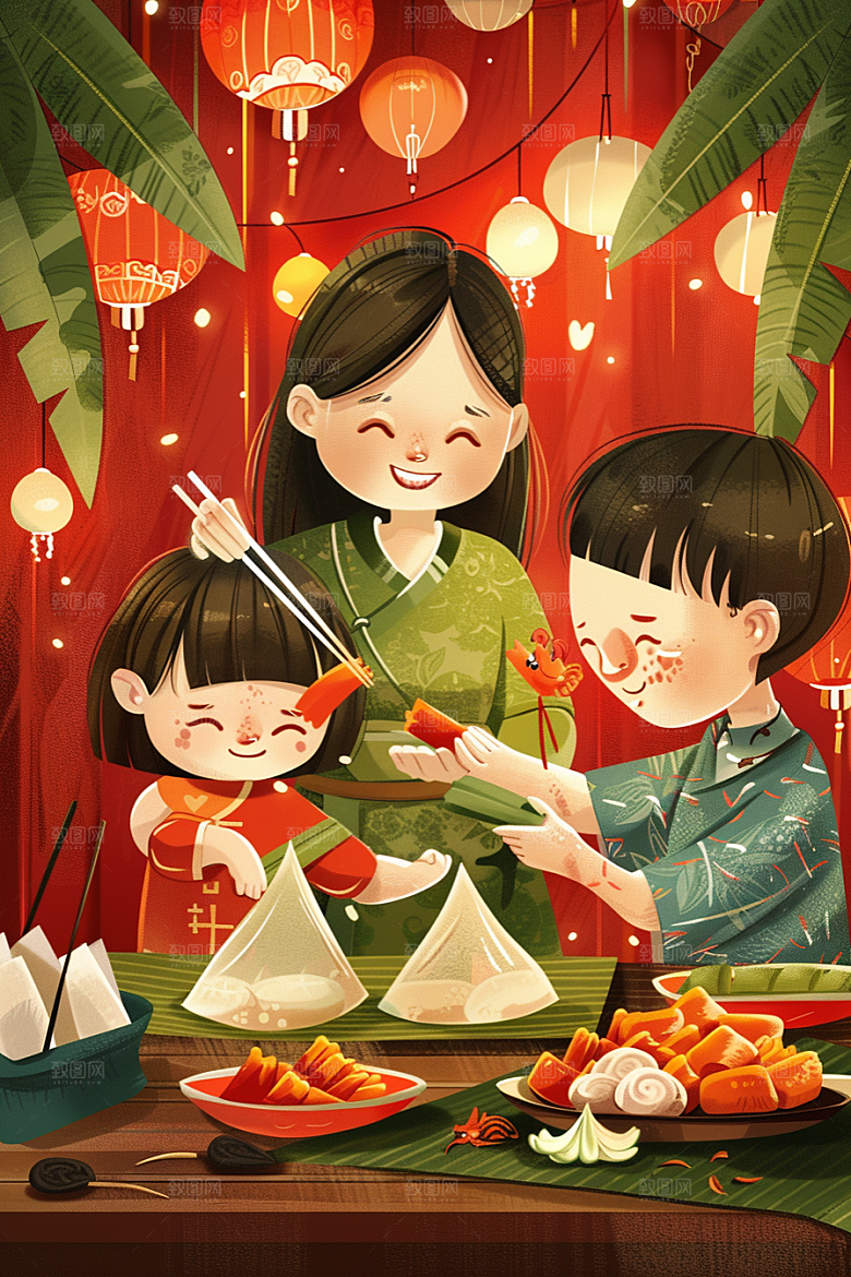 端午包粽子端午节传统文化插画