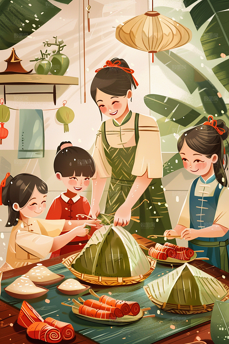 端午包粽子节日小吃插画