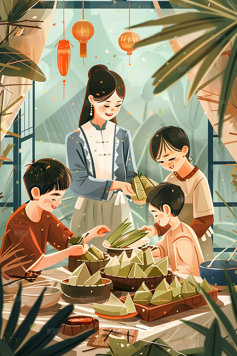 端午包粽子粽叶美味插画
