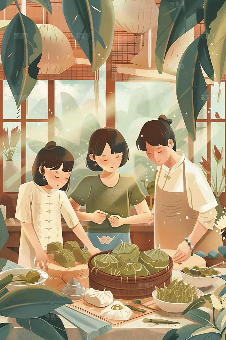 端午包粽子小吃美食插画