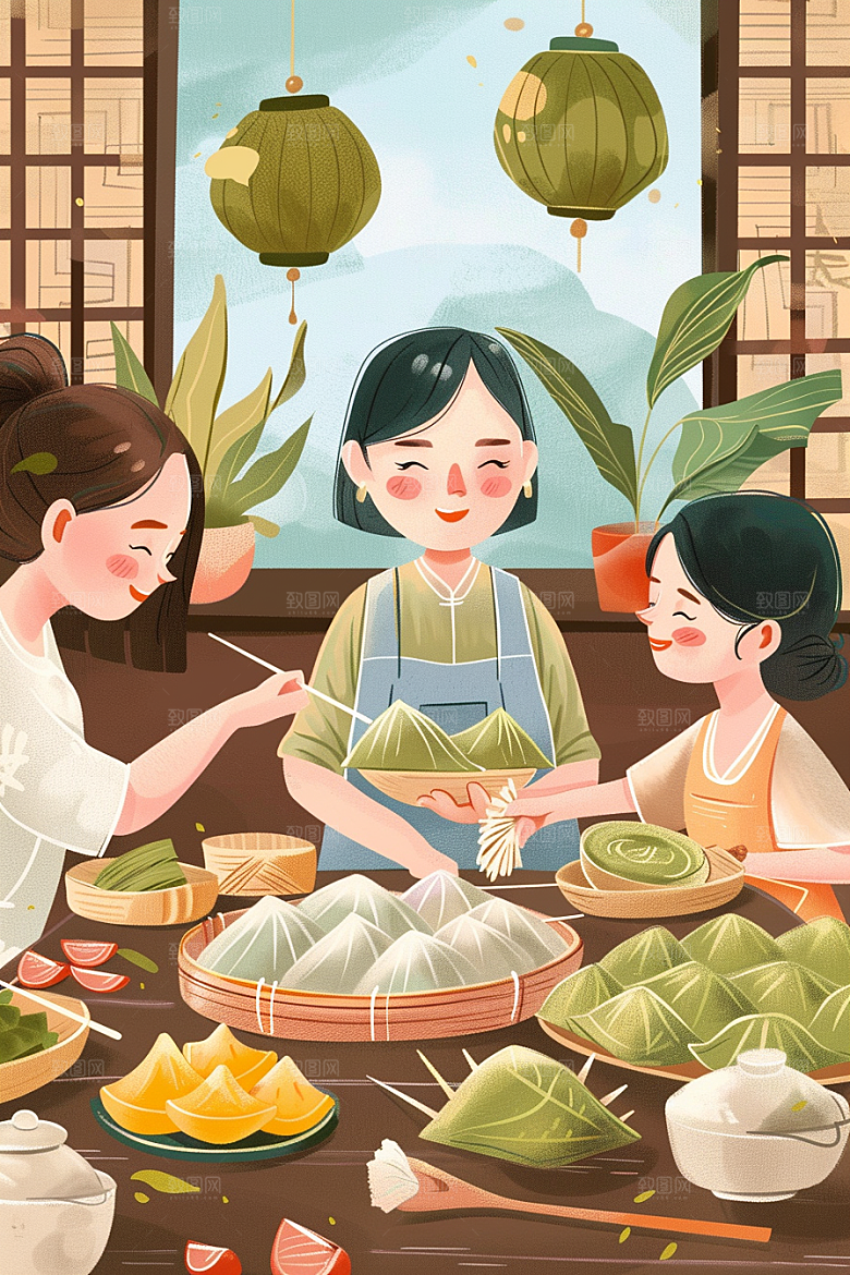 端午包粽子阖家团聚美食插画