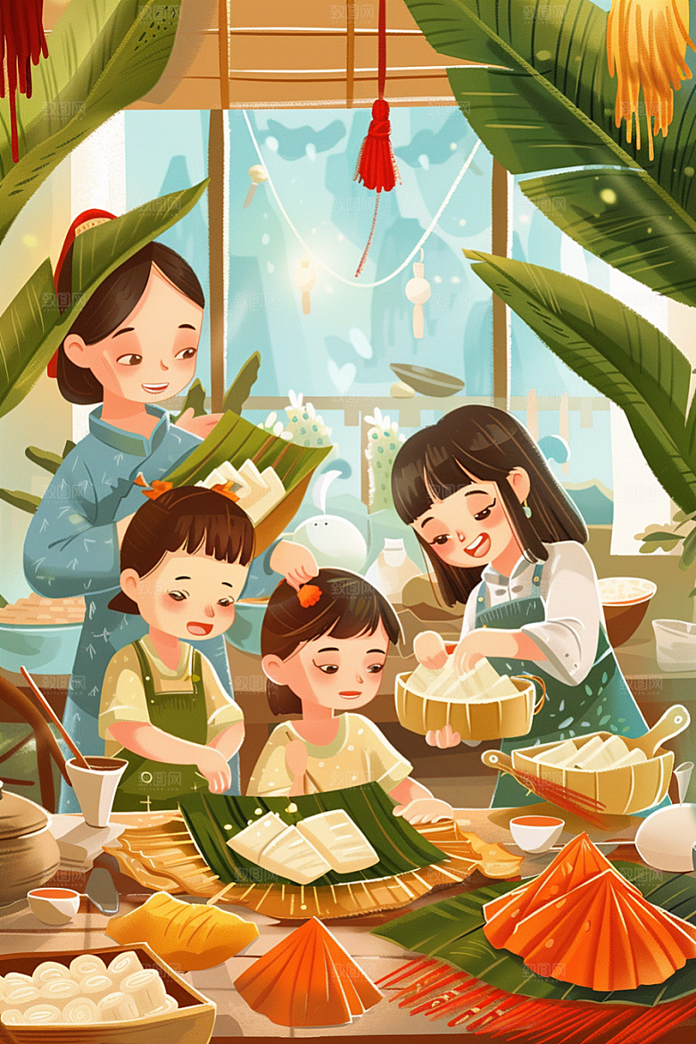 端午包粽子美食粽叶插画