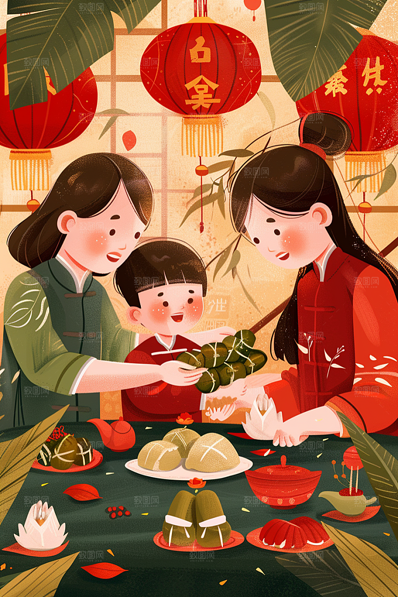 端午包粽子传统文化幸福插画