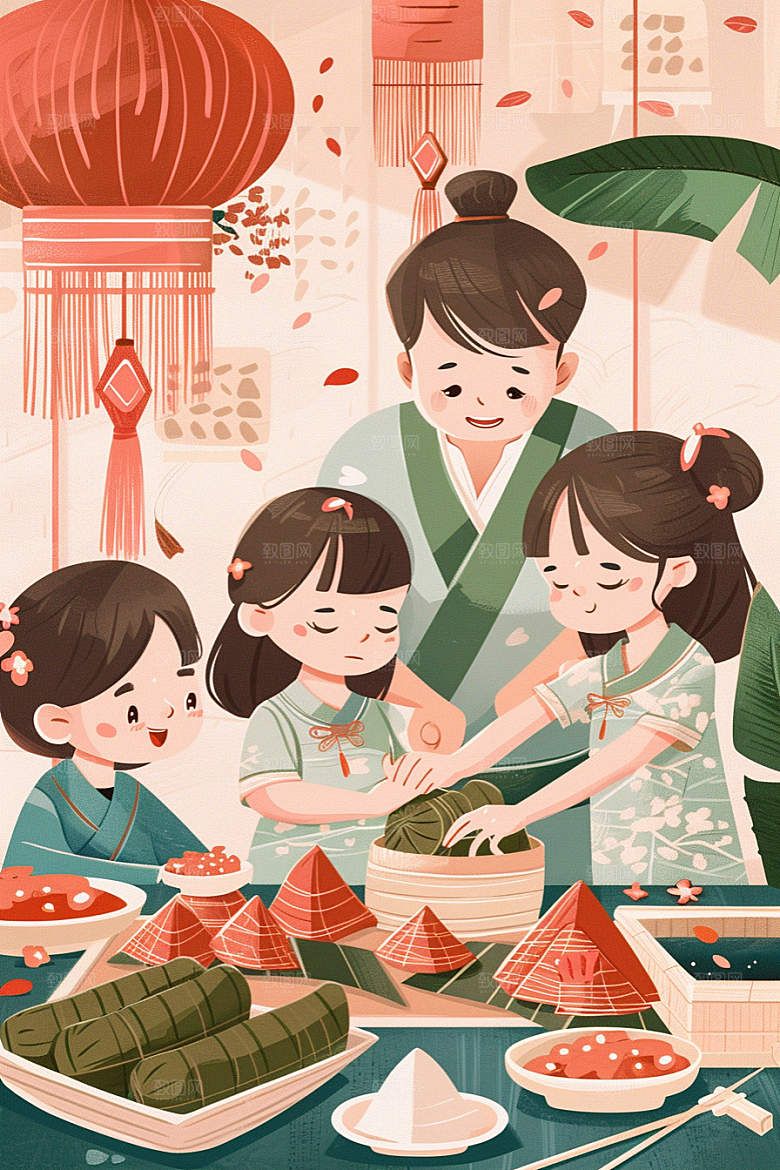 端午包粽子幸福阖家团聚插画