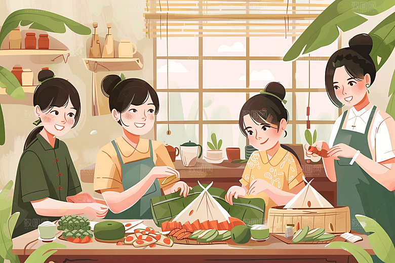 端午包粽子美食习俗插画